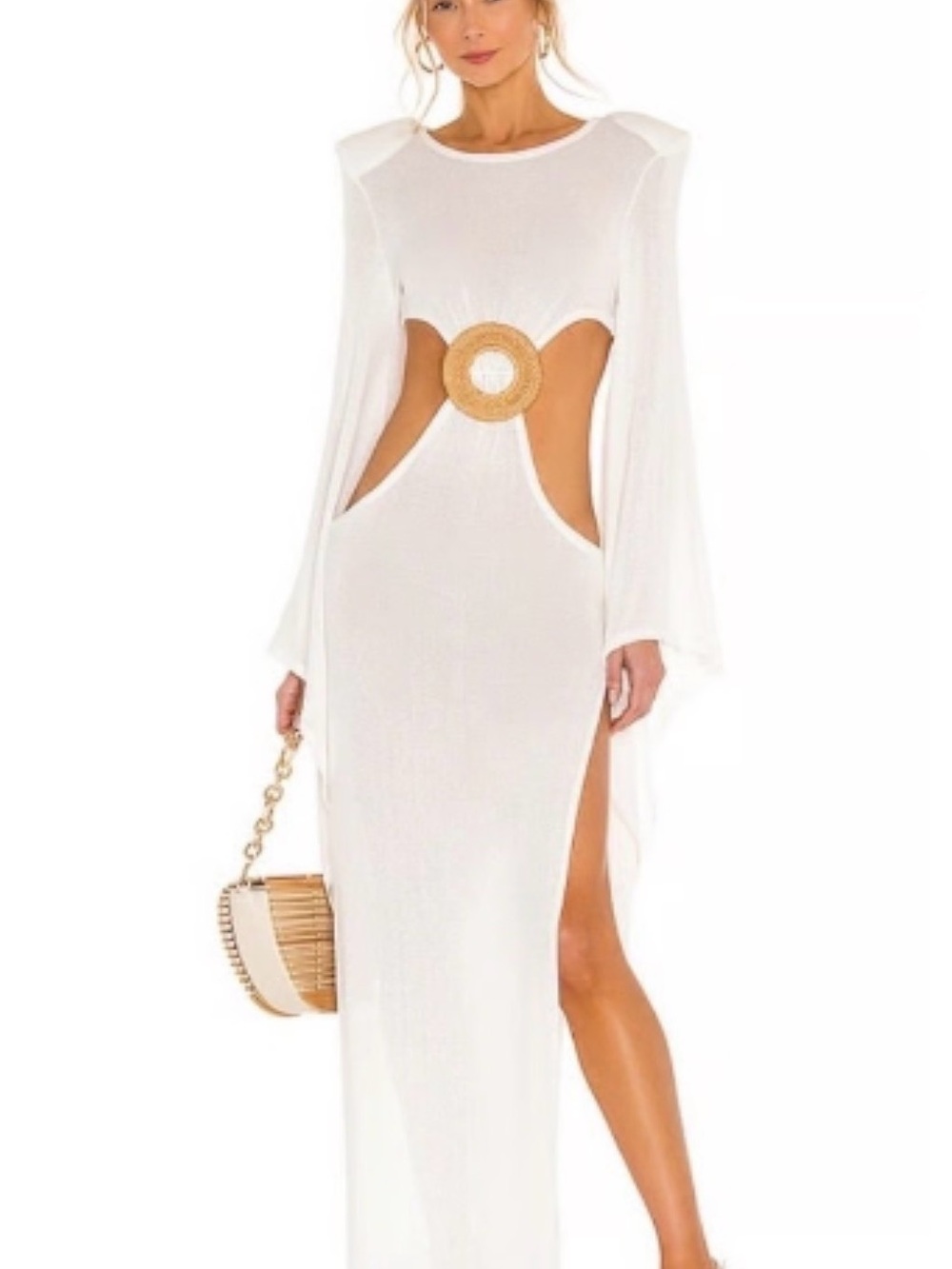 Bronx and Banco White Maxi Dress with wooden Ring